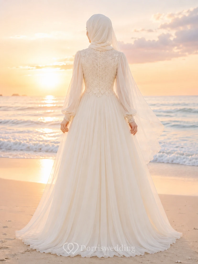 Beach Muslim Long Sleeve Lace Bodice Chiffon Wedding Dress view 2
