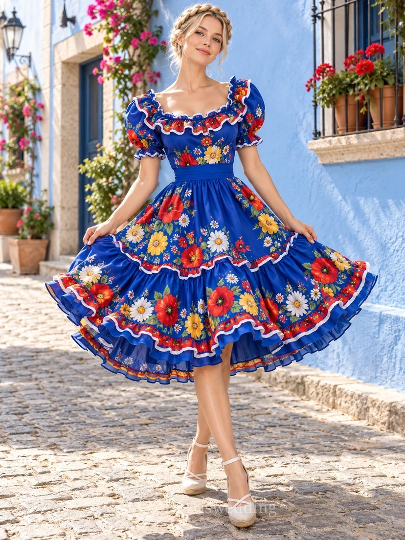 Royal Blue Scoop Neck Floral Puff Sleeve Ruffled Folk Dress
