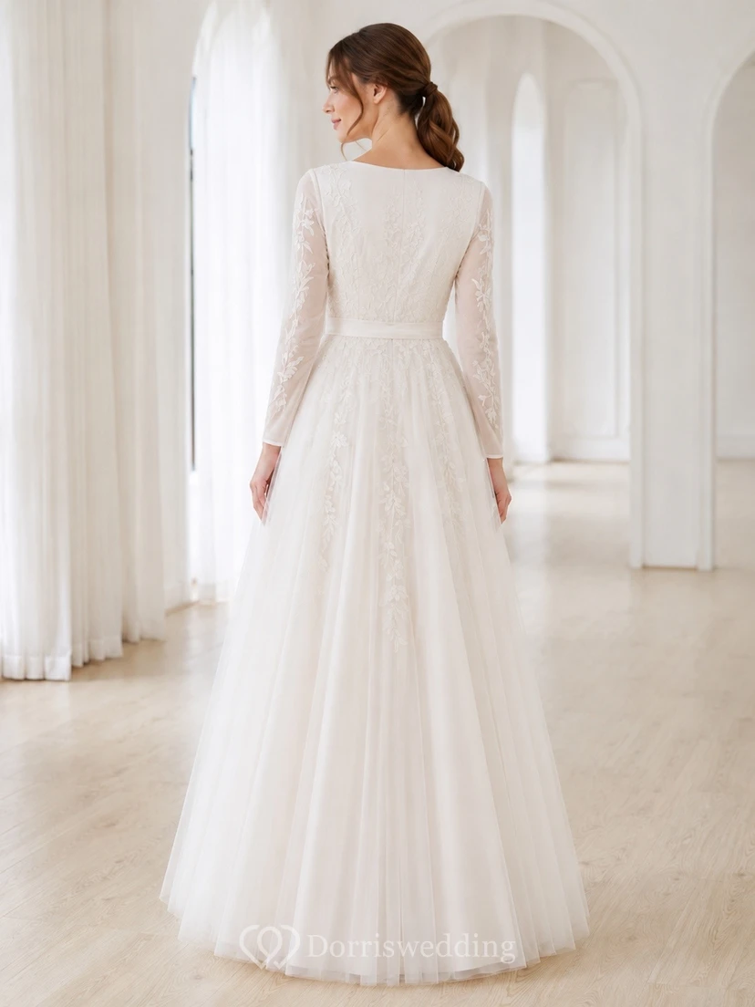 V-neck Long Sleeve Lace Floor-length A-line Romantic Elegant Wedding Formal Dress view 2