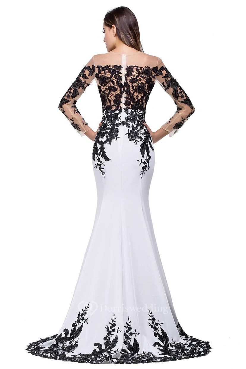 Robe de soirée sirène glamour à manches longues, ornée d'appliqués noirs, robe de mère view 5