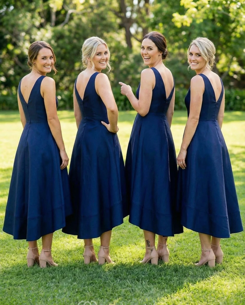 V-Neck Sleeveless Satin A-Line Tea-Length Gown view 2