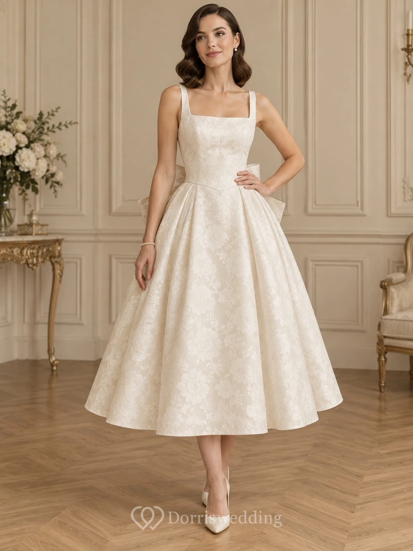 Vintage Teelänge, eckiger Ausschnitt, Schleife am Rücken, Jacquard-A-Linie, schlichtes Cocktail-Hochzeitskleid