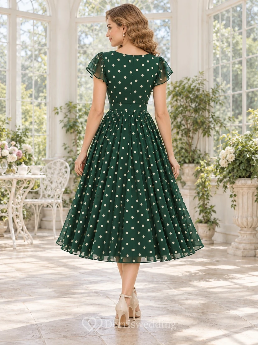 Vintage Teelanges grünes V-Ausschnitt-Abendkleid mit flatternden Ärmeln und Polka-Dots view 2