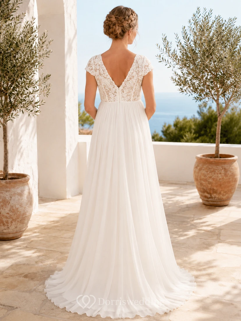 Maternity V-Neck Cap Sleeve Lace Empire Wedding Dress view 2