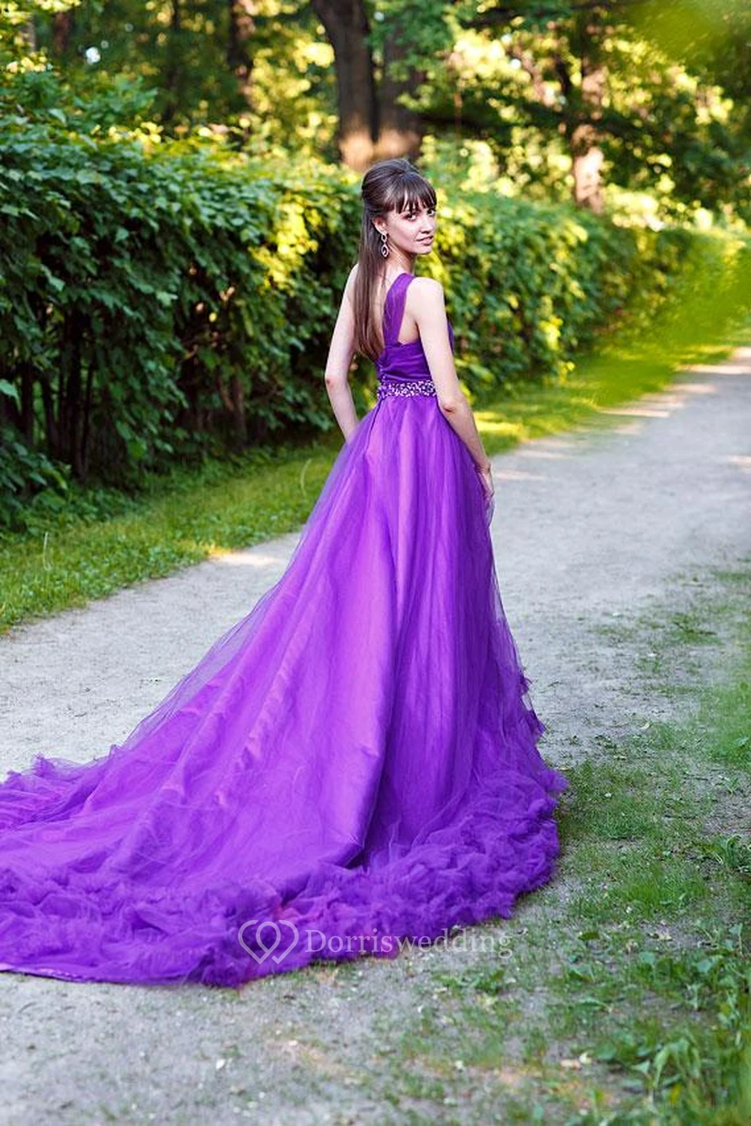 Glamorous One Shoulder Purple Tulle Prom Dress New Fashion Cloud Wedding Gown view 3