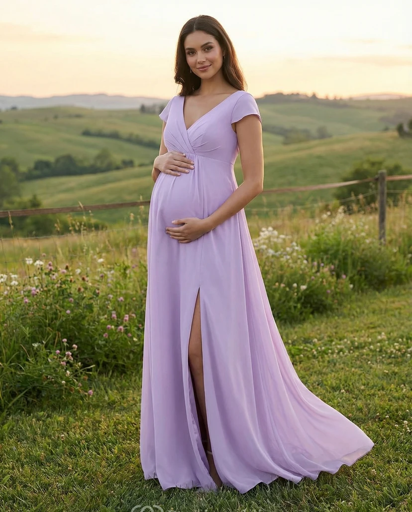Fliederfarbenes Umstandsbrautjungfernkleid mit V-Ausschnitt, kurzen Ärmeln, Chiffonrock und Schlitz vorne.