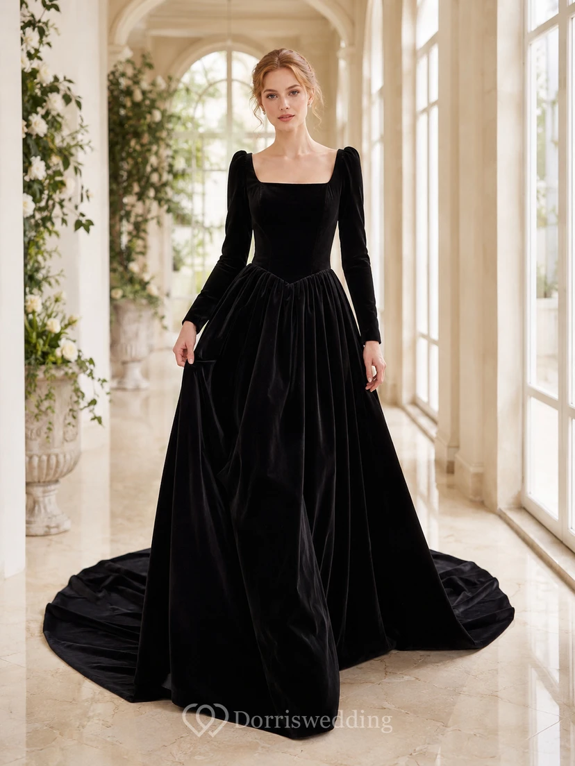Robe de bal en velours noir à col carré et manches longues, style modeste, pour une mariée.
