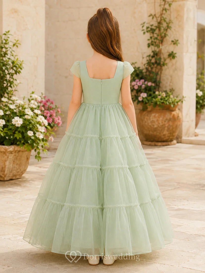 Flower Girl Dress Sage Tulle A-Line Short Sleeve Jewel Neck Floor Length Tiered Skirt view 2