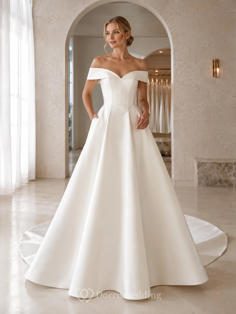 Robe de mariée de style chapelle, minimaliste, en satin plissé et à épaules dénudées
