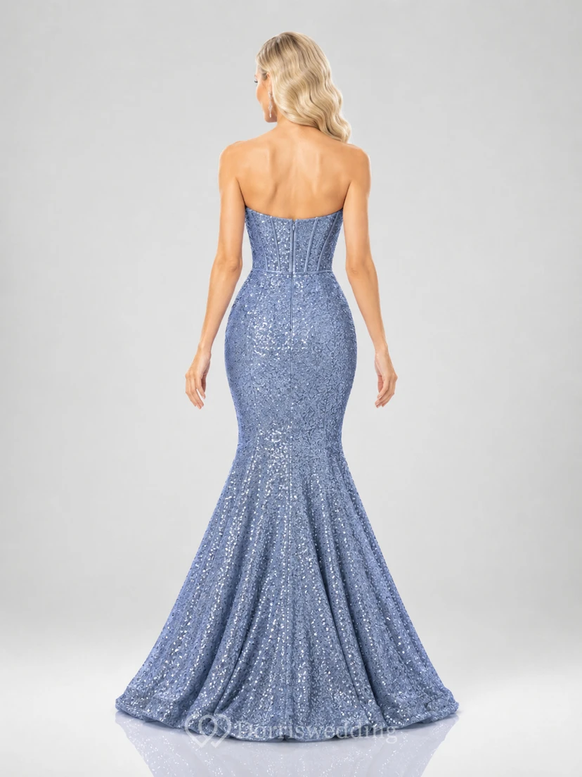 Steel Blue Strapless Sequin Mermaid Floor Length Formal Dress view 2