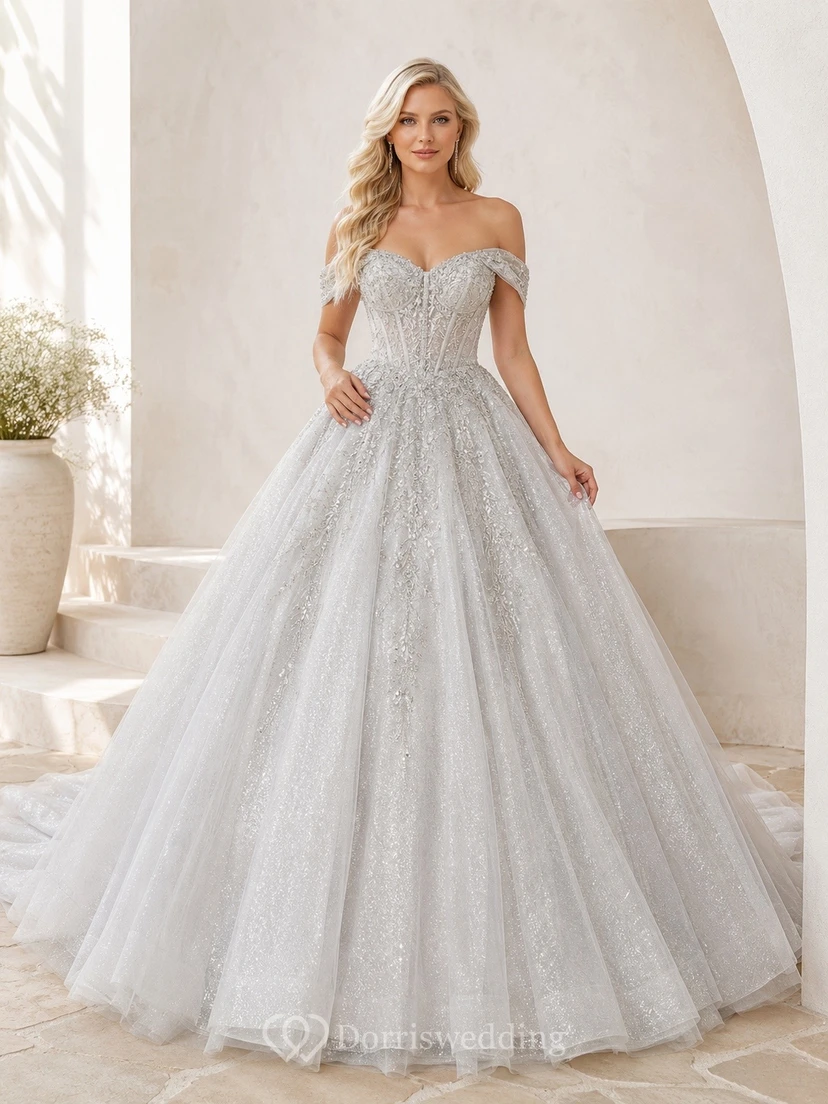 Vestido de novia elegante de estilo bohemio romántico con hombros descubiertos, edición D, corte A y encaje.