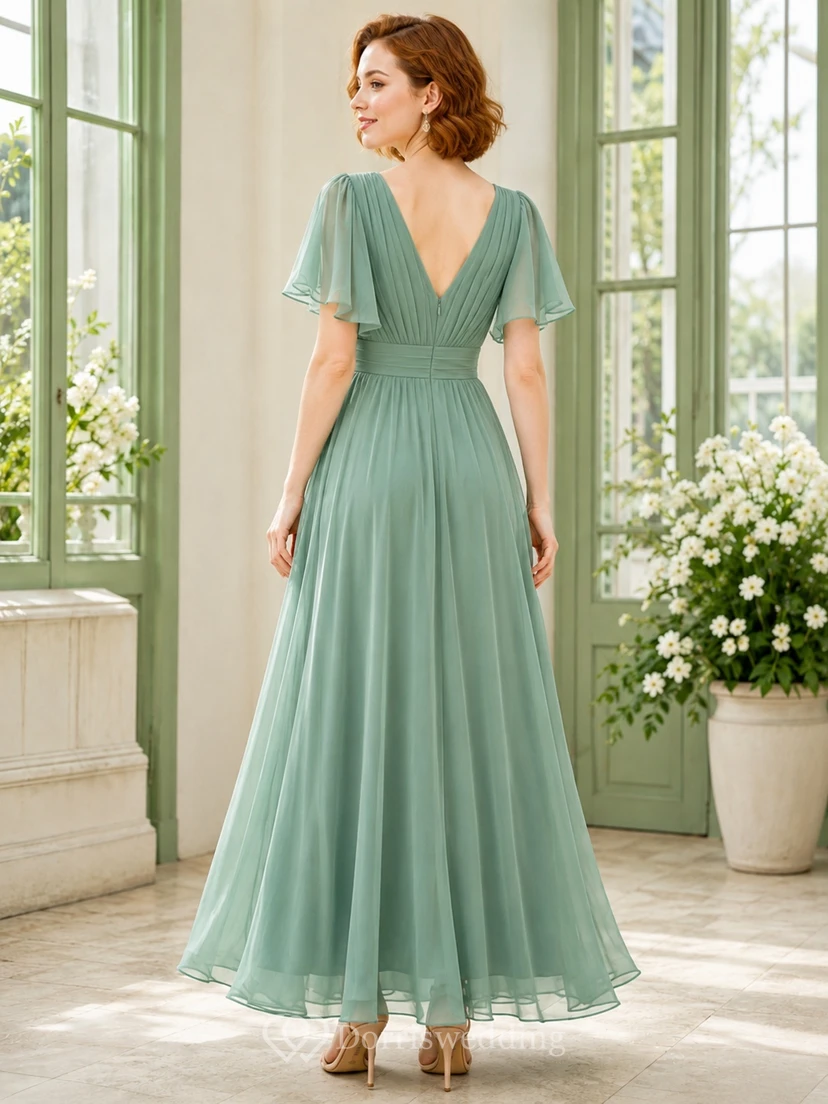 Elegant Sage V-Neck Flutter Sleeve Chiffon Empire A-Line Floor-Length Bridesmaid Dress view 2