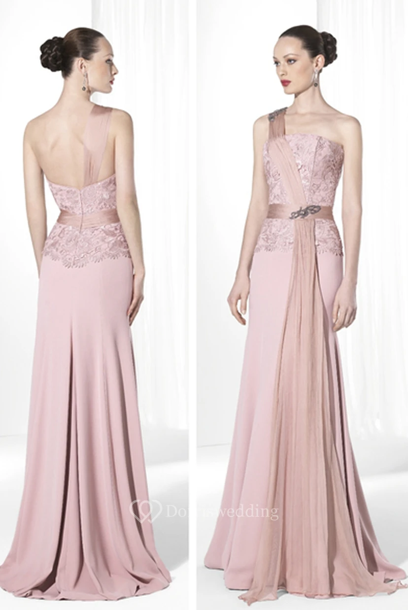Sheath Floor-Length Sleeveless Appliqued One-Shoulder Jersey Prom Dress