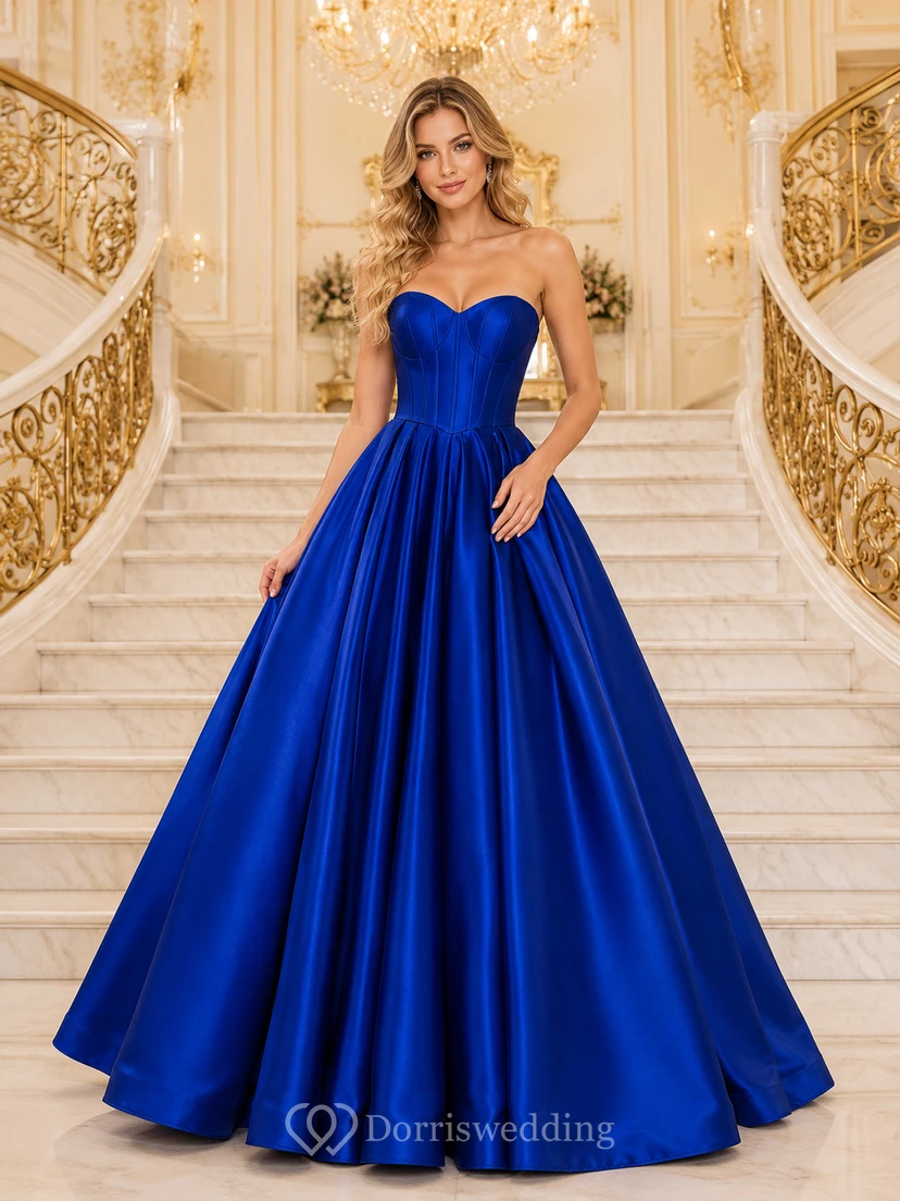 Royal blue strapless satin sweetheart ball gown prom dress