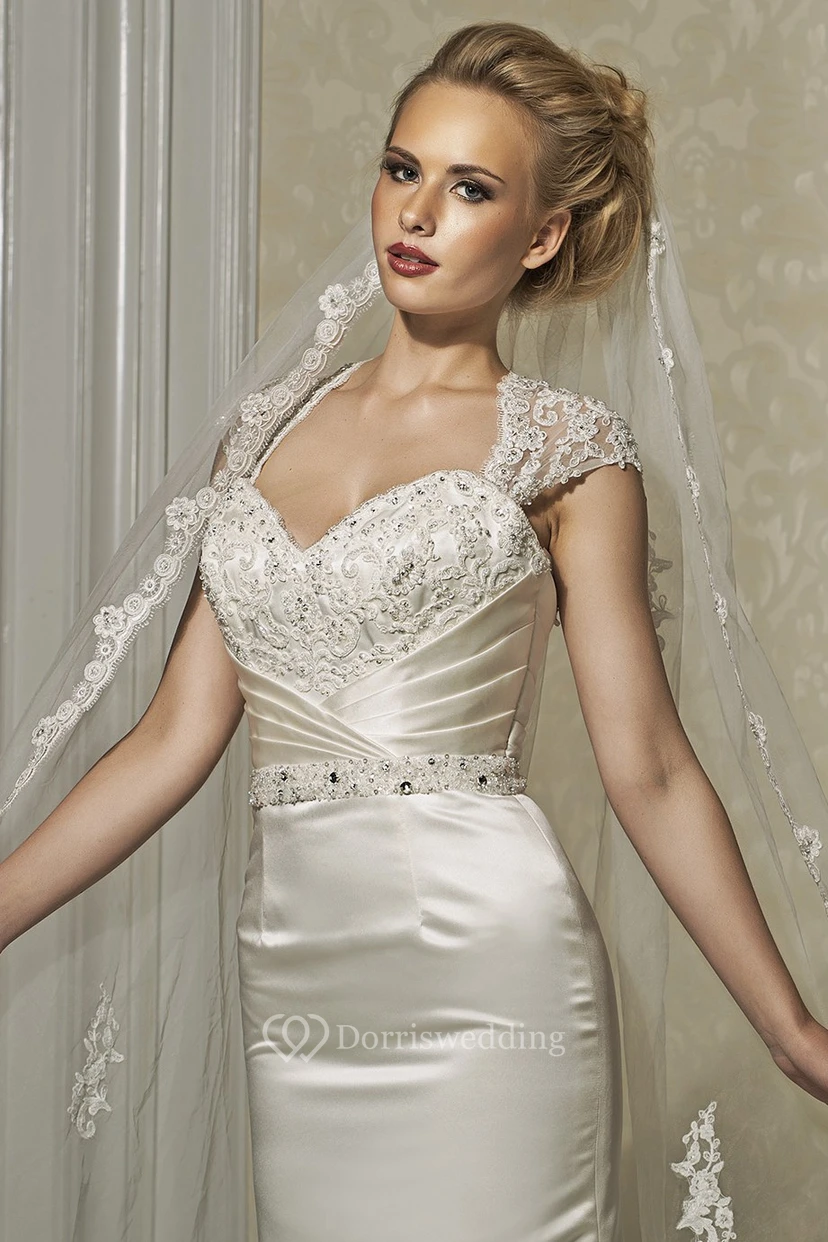 Sheath Cap-Sleeve Floor-Length Jeweled Satin Wedding Dress With Lace view 2