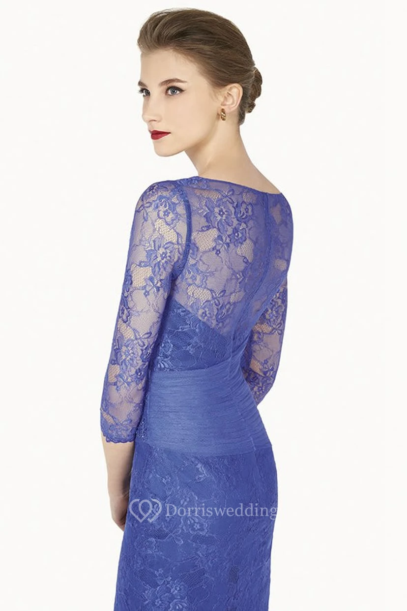 Pencil Appliqued Scoop-Neck 3-4-Sleeve Midi Lace Prom Dress view 2