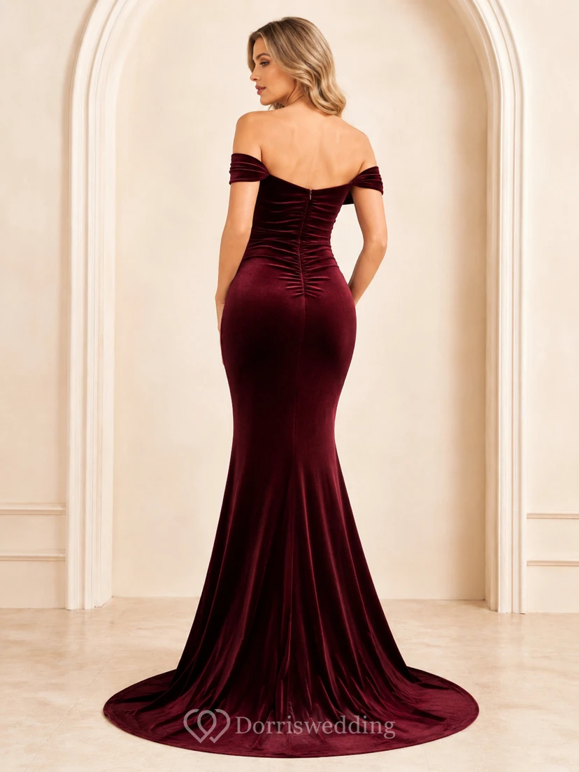 Burgundy Off-Shoulder Sweetheart Velvet Mermaid Sweep Luxury Evening Gown Celebrity view 2