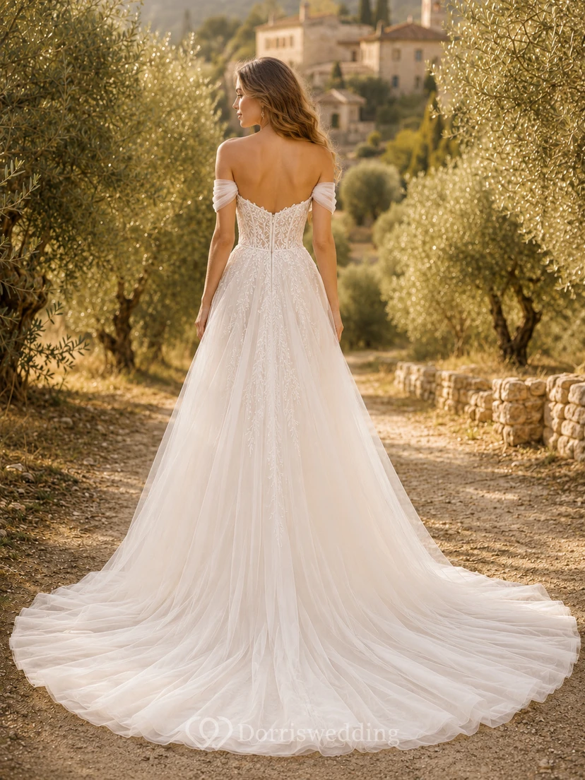 Tulle Wedding Dress A-Line Off Shoulder Sweep Train Ruffle Detail Low V Back Bridal Gown view 2