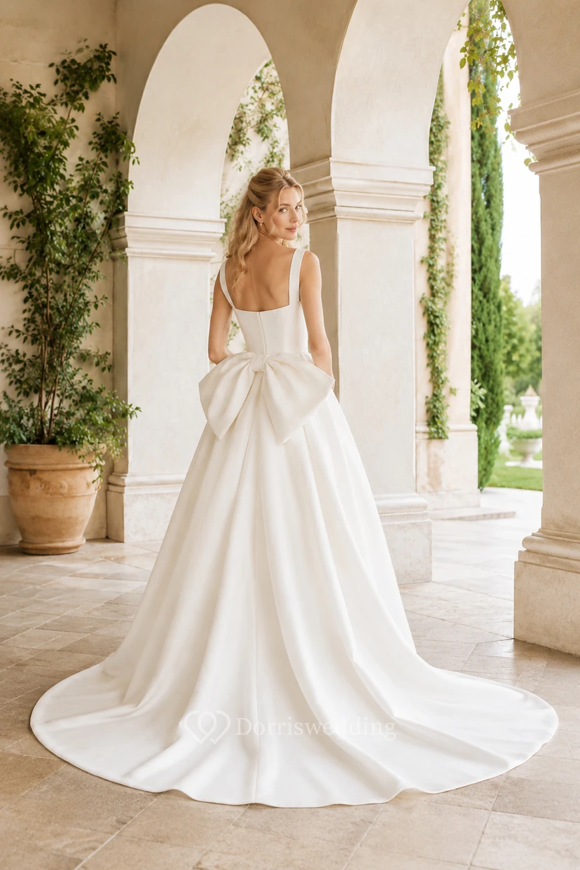 Robe de mariée de bal en satin à col carré et nœud dans le dos view 2