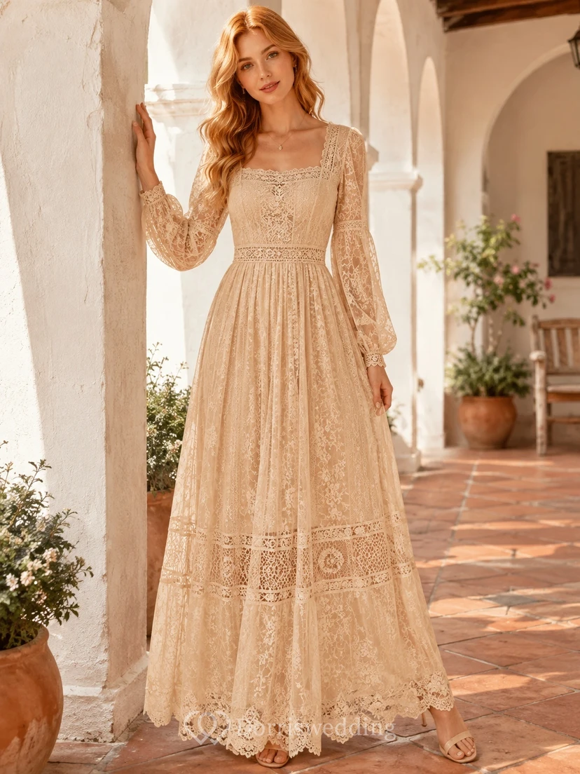 Vintage Champagne Square Neck Long Bell Sleeve Geometric Lace A-Line Floor-Length Dress