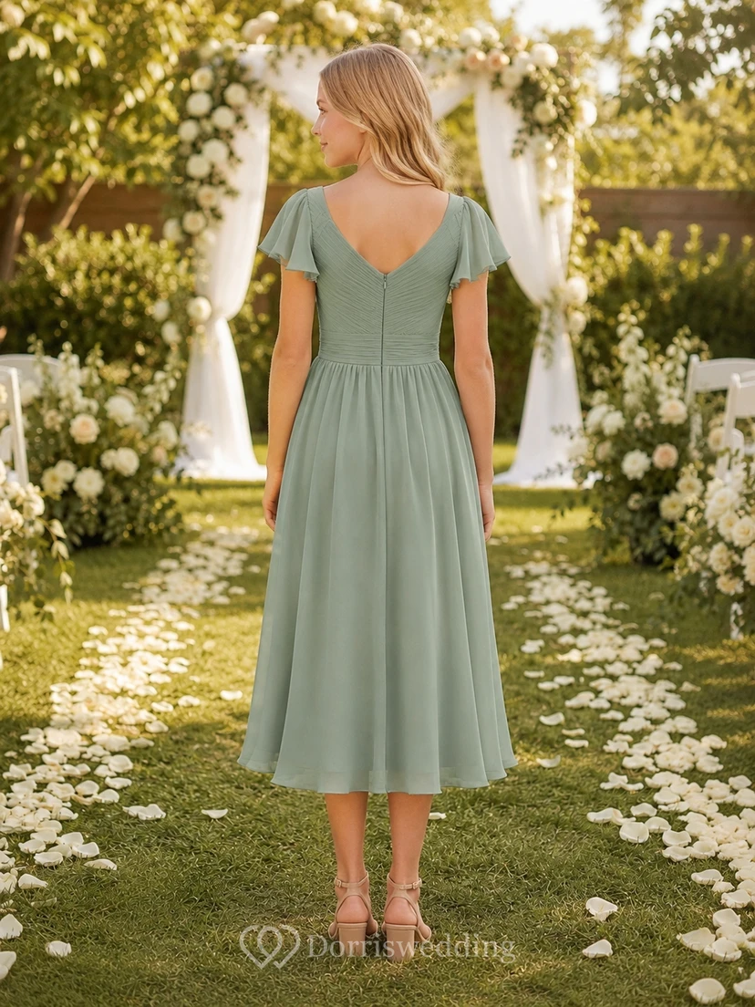 Celadonfarbenes Brautjungfernkleid für junge Damen, A-Linie, V-Ausschnitt, kurze Blütenblattärmel, Teelänge, lässig view 2