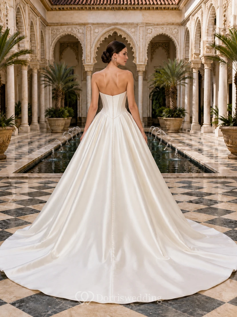Robe de bal moderne de princesse, bustier cœur, en satin, avec traîne chapelle, pour un mariage à destination view 2