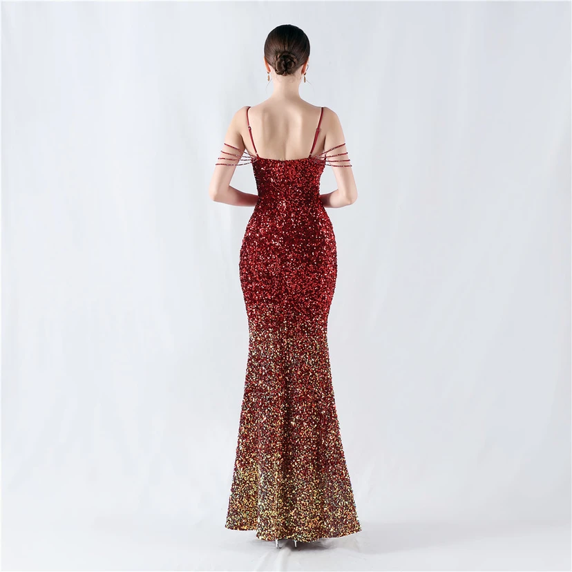 Velvet-Bottom Gradient Sequined Sexy Beaded Suspender Evening Dress view 25