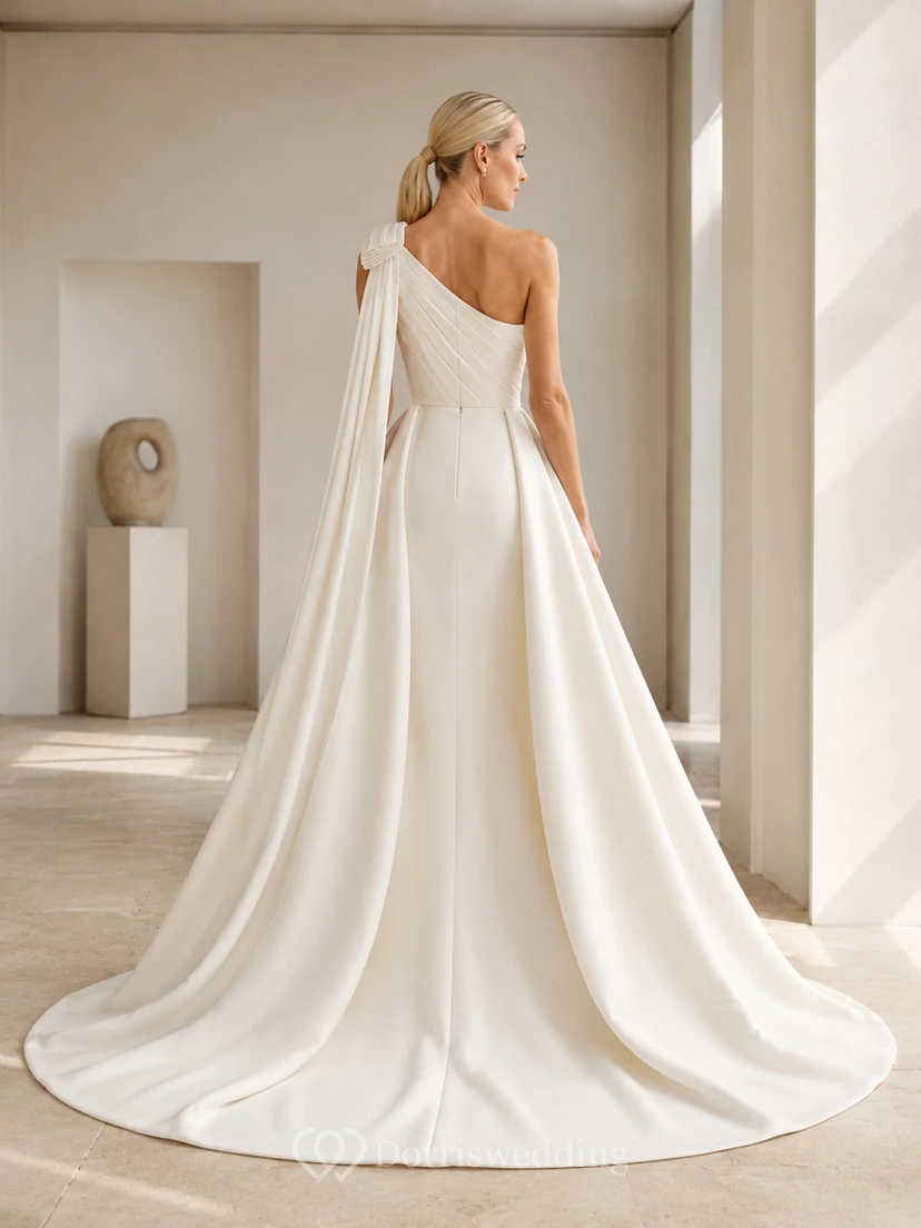 Minimalist Satin Wedding Dress A-Line One Shoulder Sleeveless Sweep Train Bridal Gown view 2