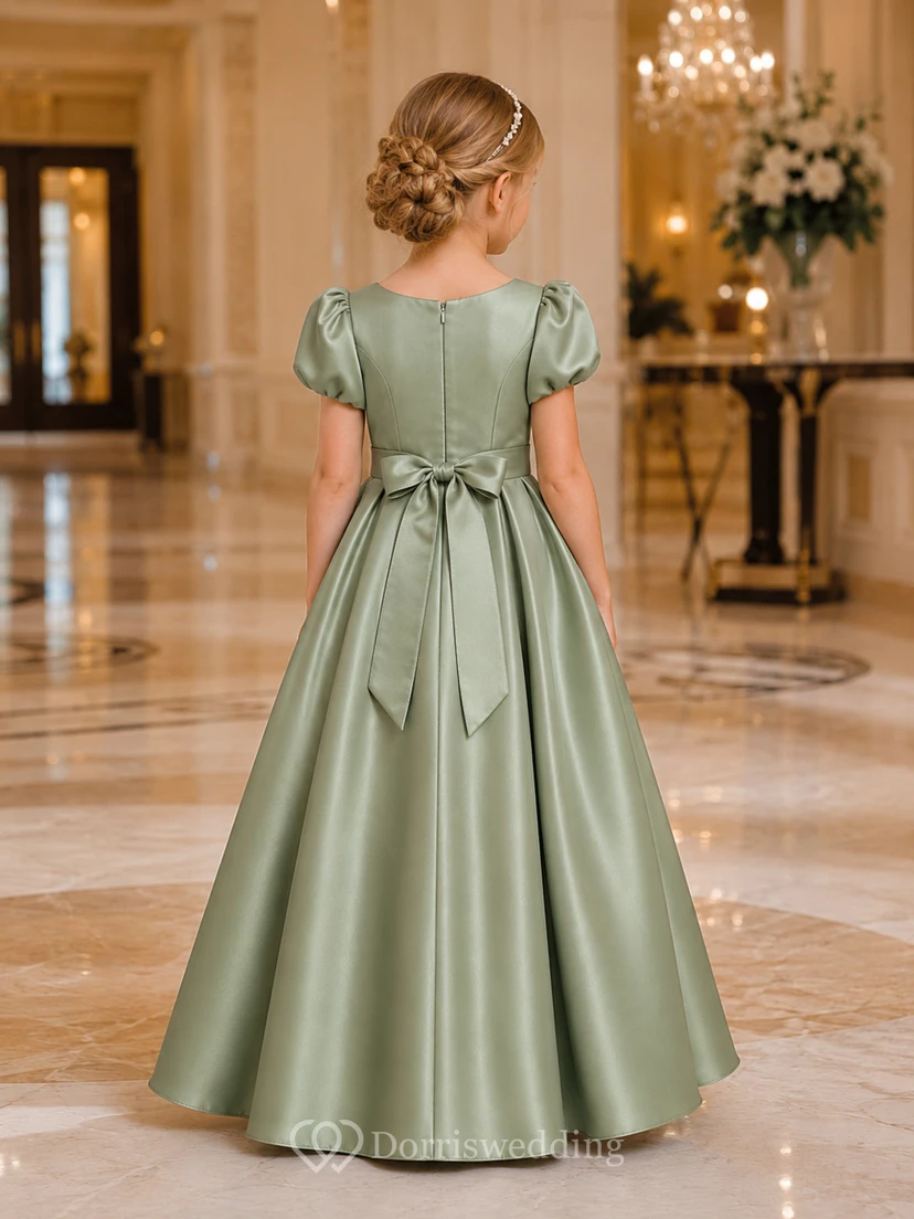 Flower Girl Dress Sage Satin A-Line Jewel Neck Floor Length Bow Detail view 2