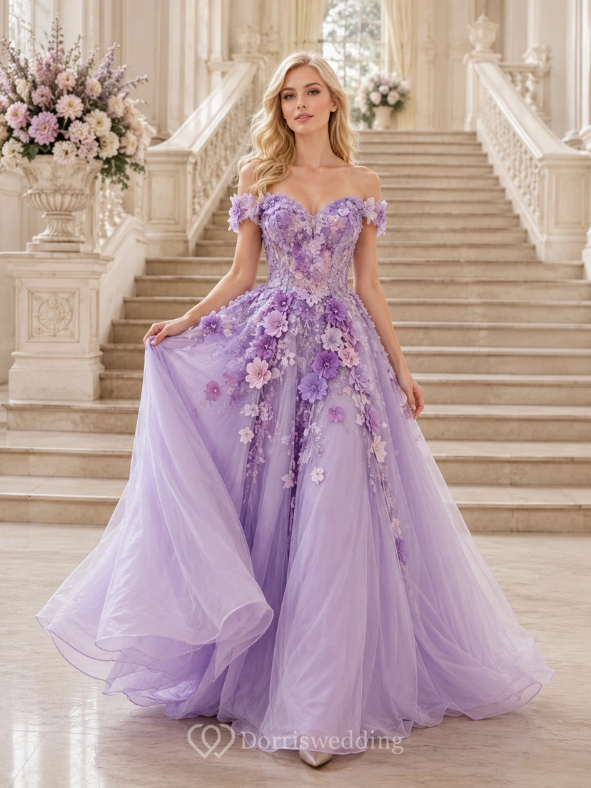 Lavendelfarbenes schulterfreies Ballkleid mit 3D-Blumenmuster