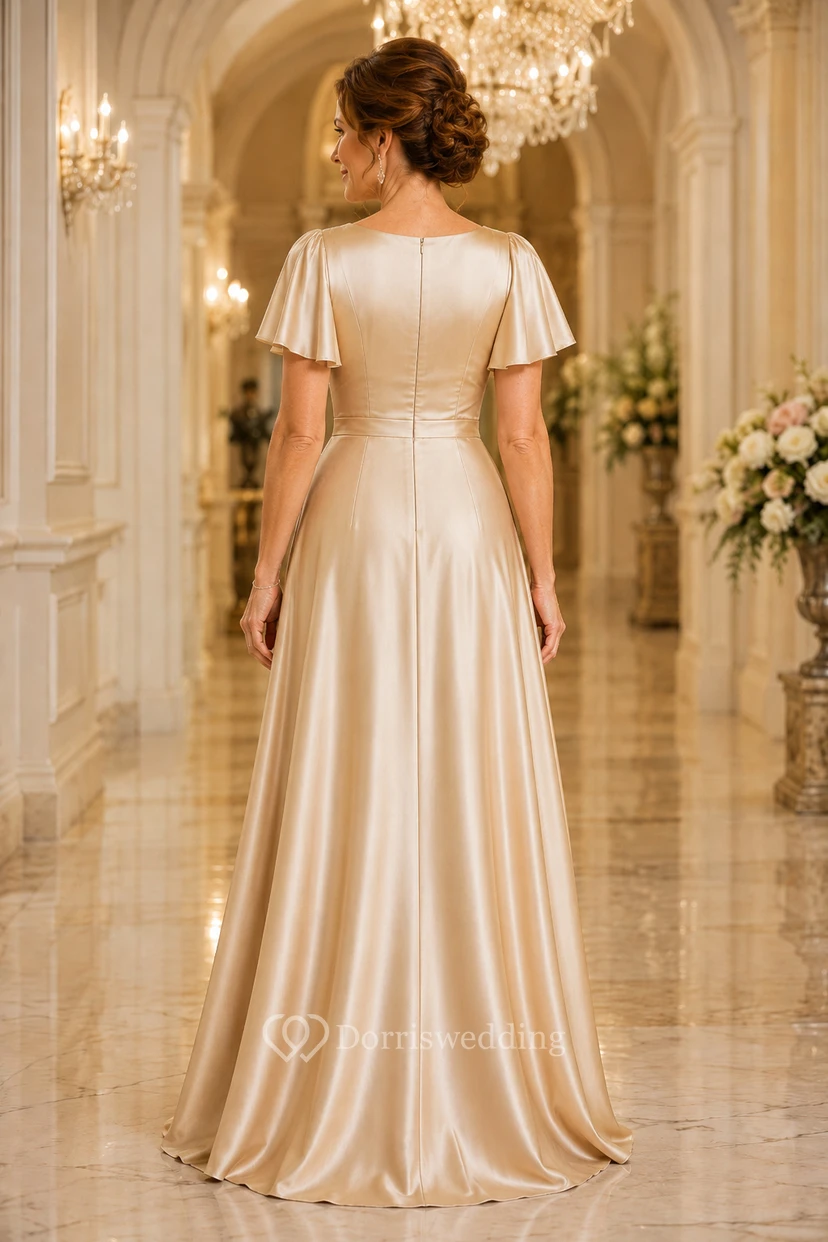 Champagnerfarbenes A-Linien-Kleid aus Satin mit V-Ausschnitt und Volantärmeln view 2