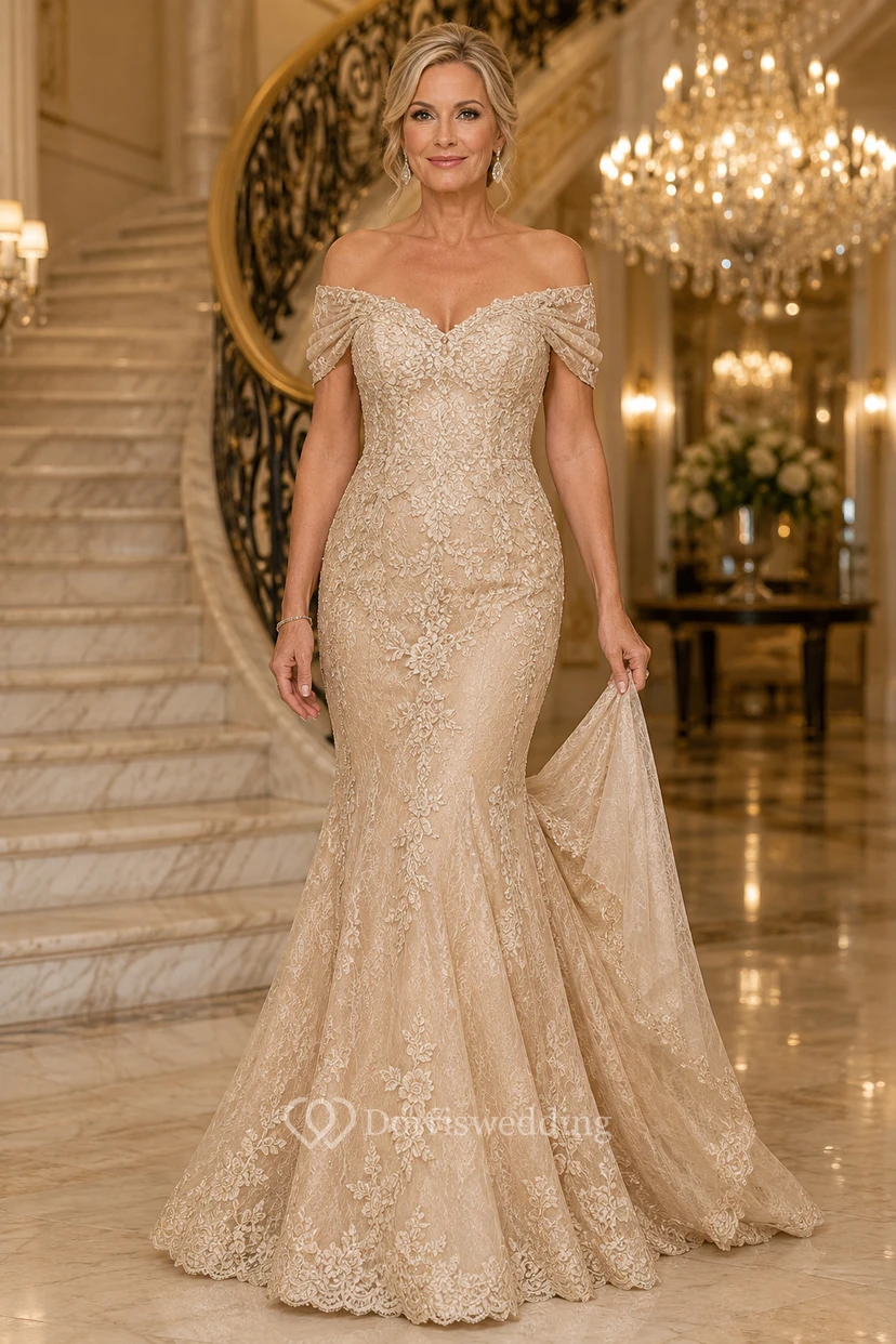 Champagnerfarbenes schulterfreies Pailletten-Spitzen-Meerjungfrauenkleid für Mütter