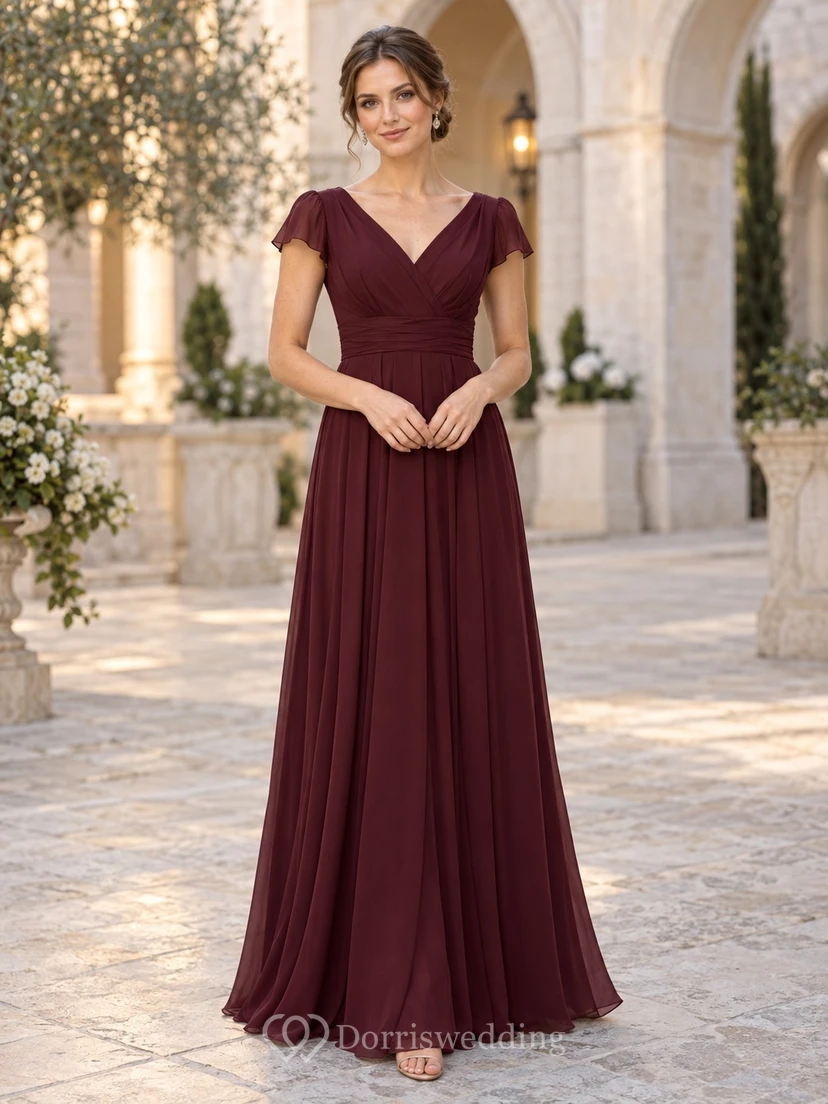Robe de bal longue en mousseline bordeaux sobre, col en V, manches papillon froncées, robe de bal modeste en mousseline.