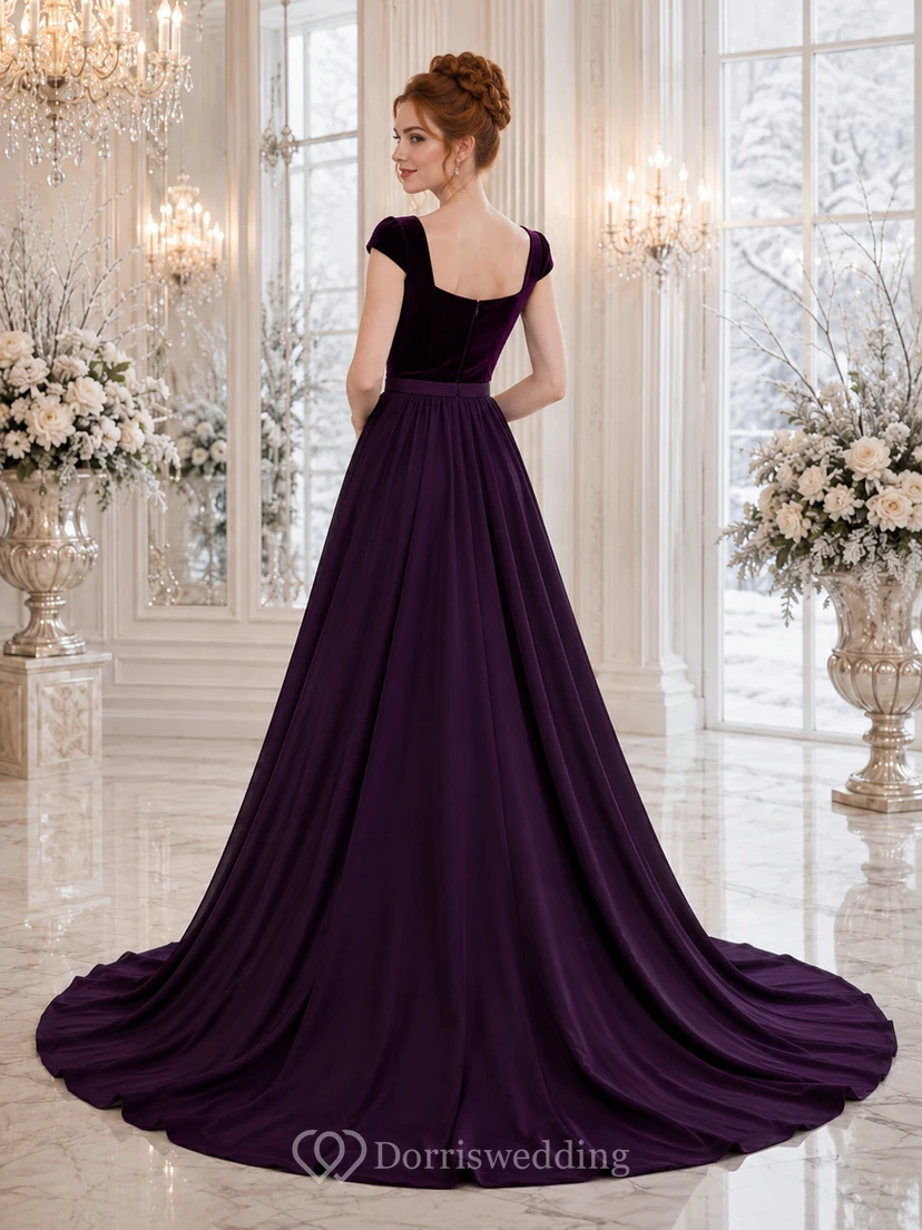 Dunkelviolettes Ballkleid aus Samt und Satin mit eckigem Ausschnitt – Hochzeitskleid view 2
