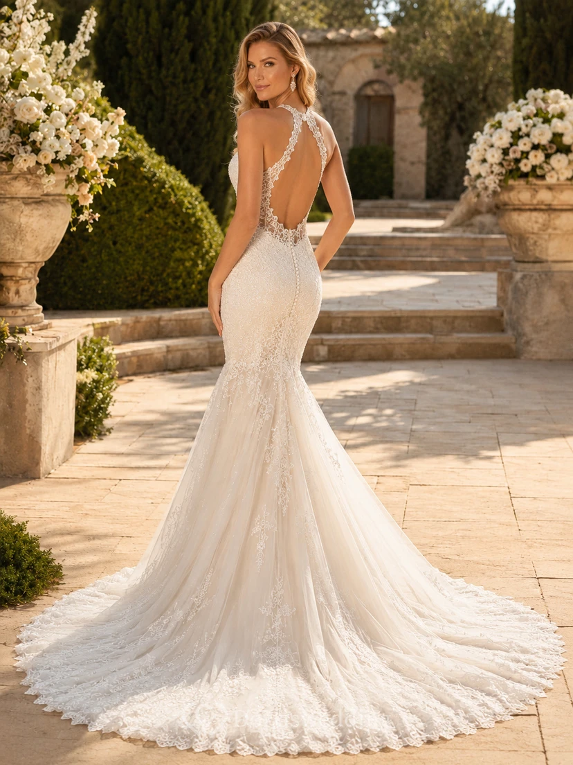 Robe de mariée sirène de luxe en dentelle dos nu sans manches avec traîne chapelle et dos nu view 2
