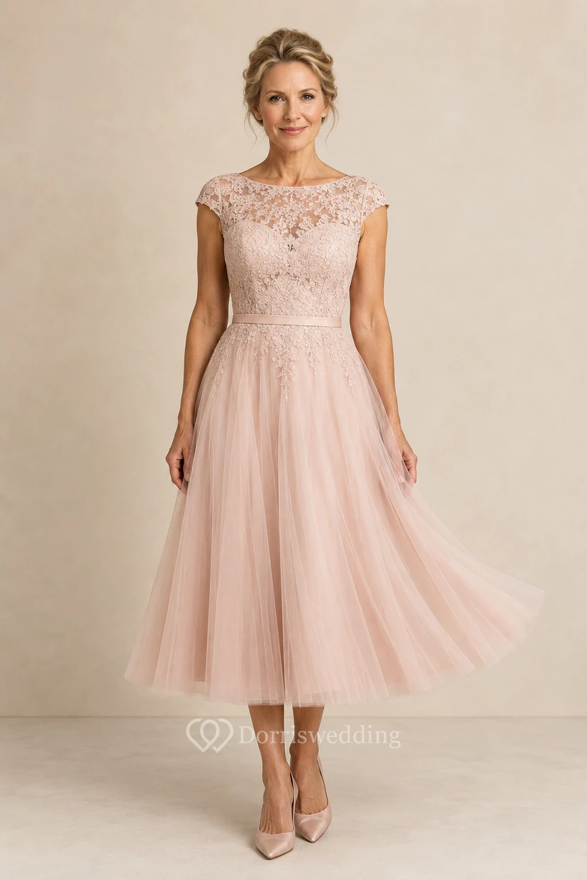 Robe de mère en tulle rose poudré, longueur thé, corsage en dentelle.