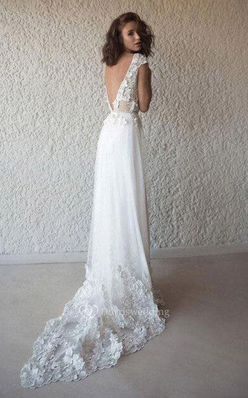 Lässiges Brautkleid mit V-Ausschnitt, Applikationen und tiefem V-Ausschnitt am Rücken view 2