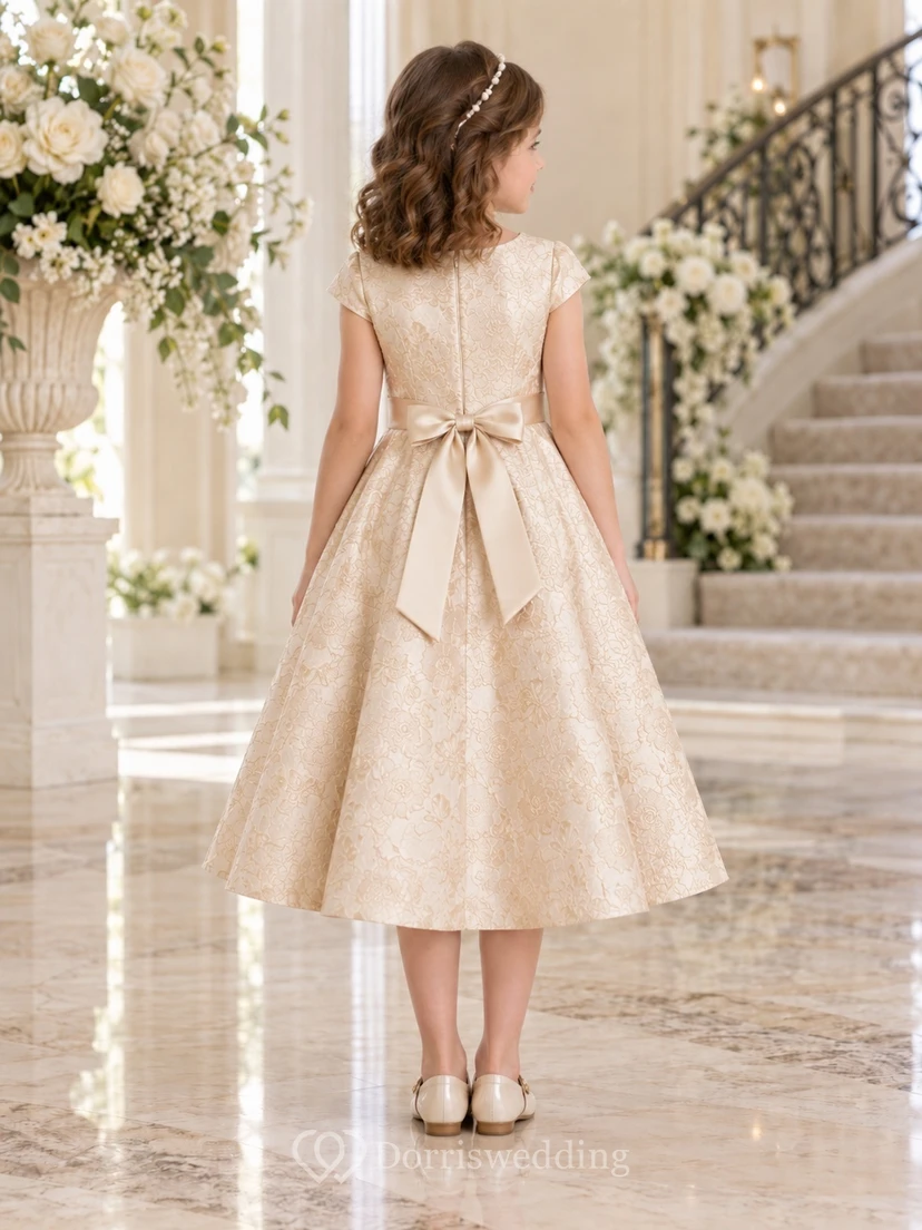 Knee-length Champagne Floral-textured A-line Cap-sleeve Pleated-skirt Bow-back Round-Neck Flower Girl Dress view 2