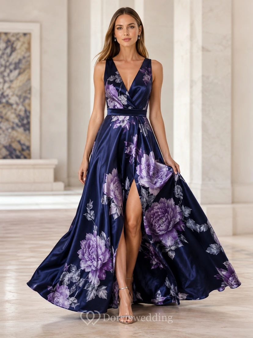 Navy Floral V Neck Sleeveless Satin Slit A Line Formal Gown