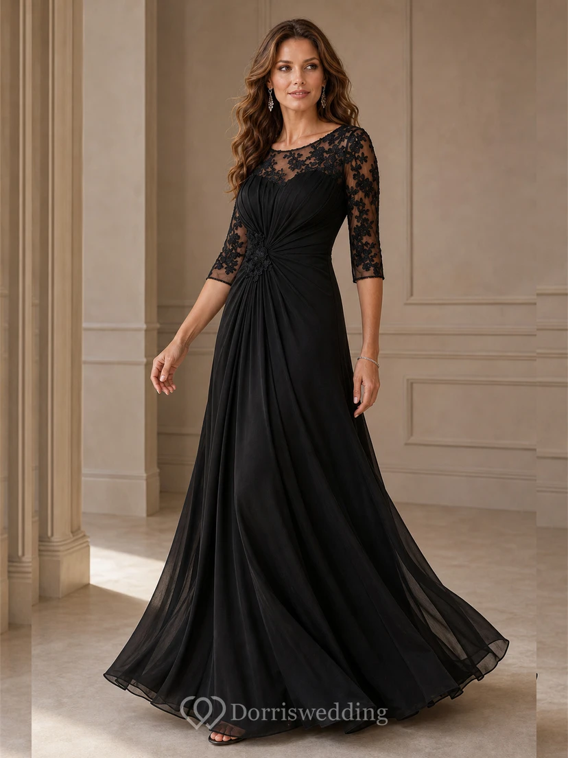 Half-Sleeved A-Line Long Mother Of The Bride Dress With Keyhole Back And Appliques view 3