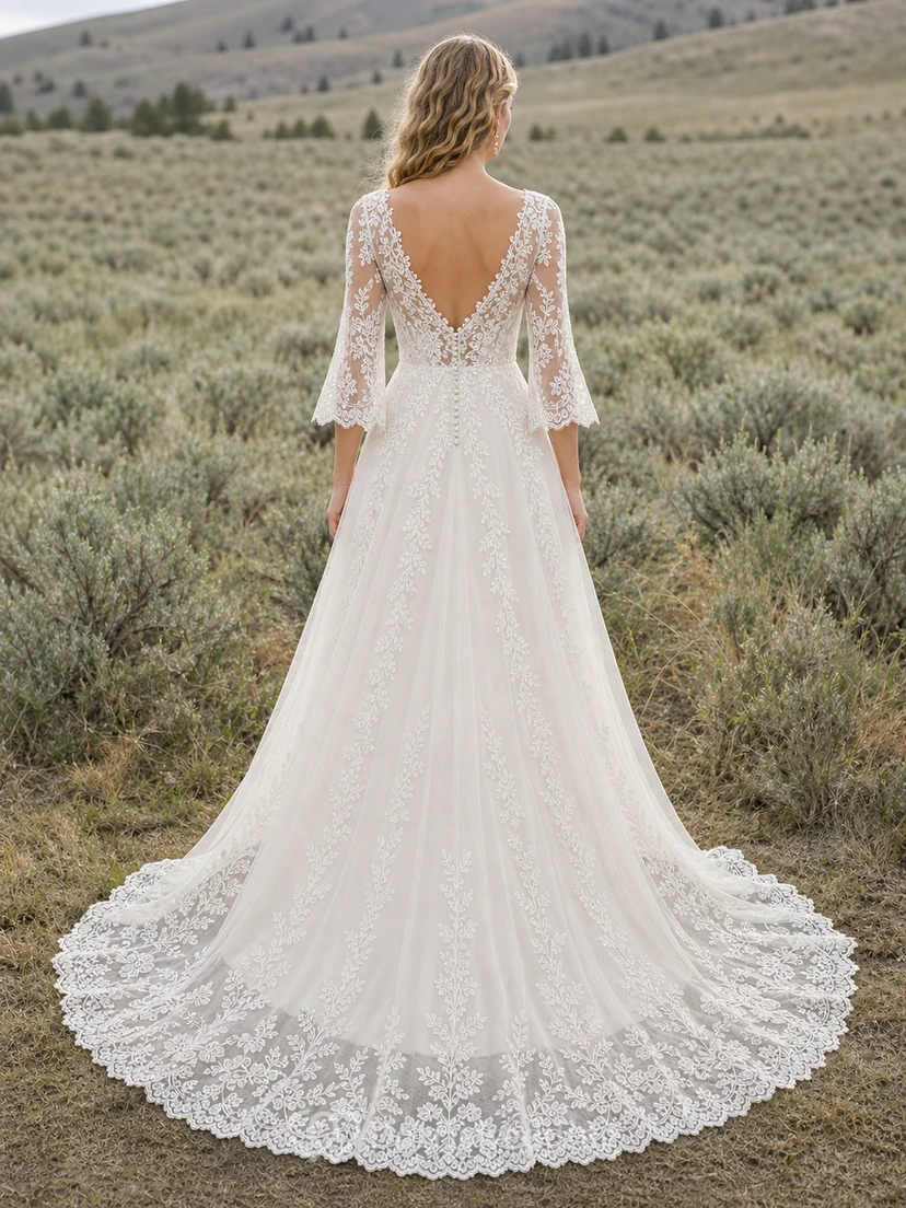 Vestido de novia romántico de corte A con escote en V y mangas tres cuartos, en encaje lavanda y cola catedral. view 2