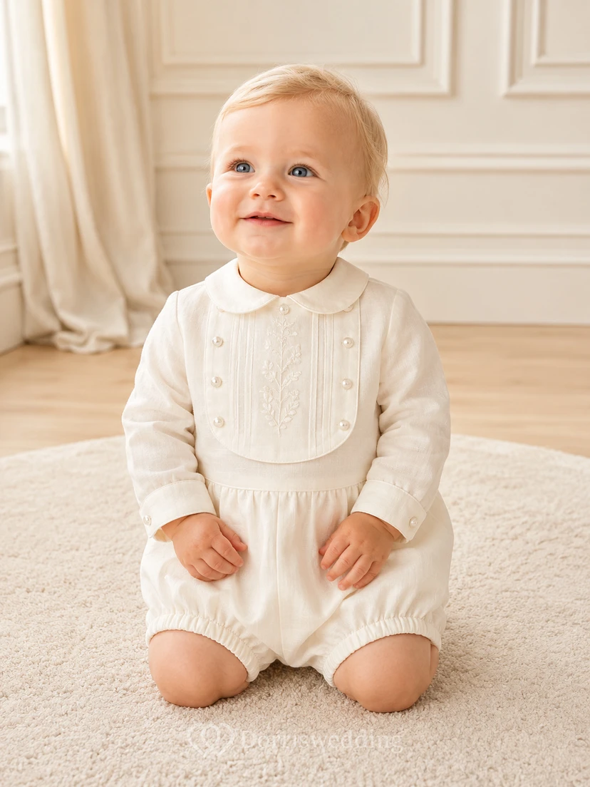 White Embroidered Bib Long Sleeve Peter Collar Baptism Bubble for Baby Boy