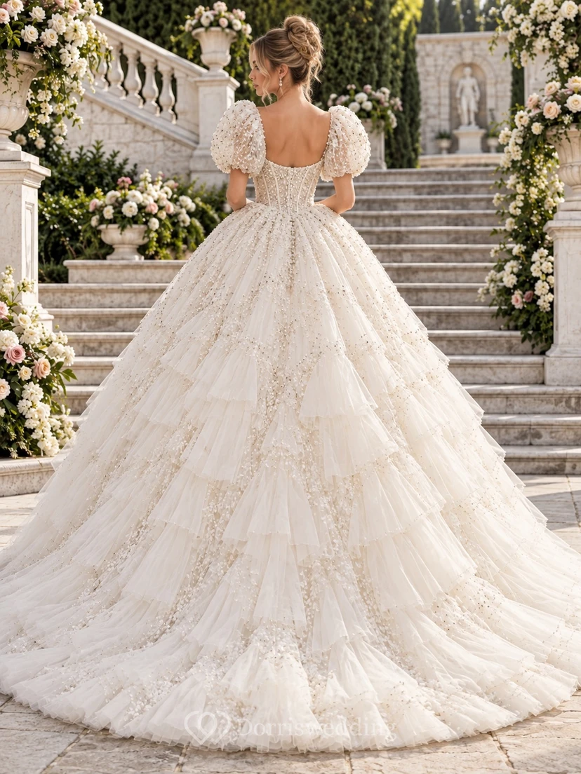Vestido de novia de gala con escote corazón, mangas abullonadas, bordados, volantes de tul y cola de corte. view 2