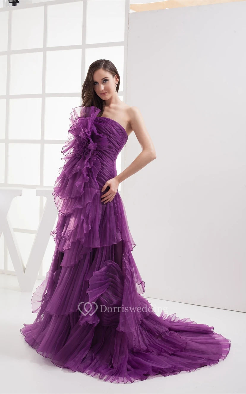 Floral A-Line Ruched Sweep Train and Gown With Tiers view 5
