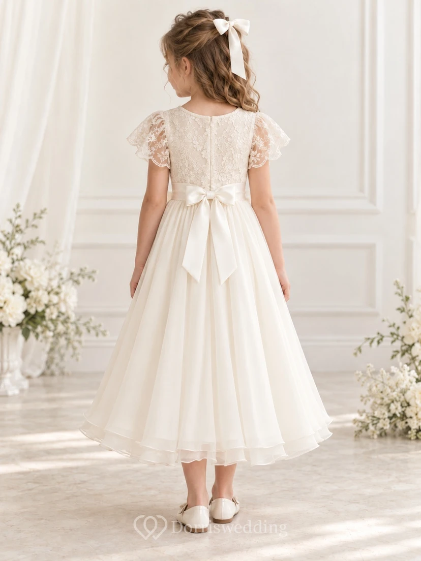 Vestido de niña de flores modesto, de corte A, color marfil, con estampado floral, mangas con volantes y lazo en la espalda. view 2