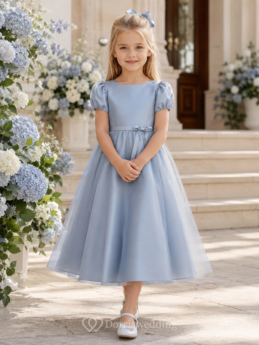 Flower Girl Dress Steel Blue Tulle A-Line Puff Sleeve Jewel Neck Tea Length Bow Detail