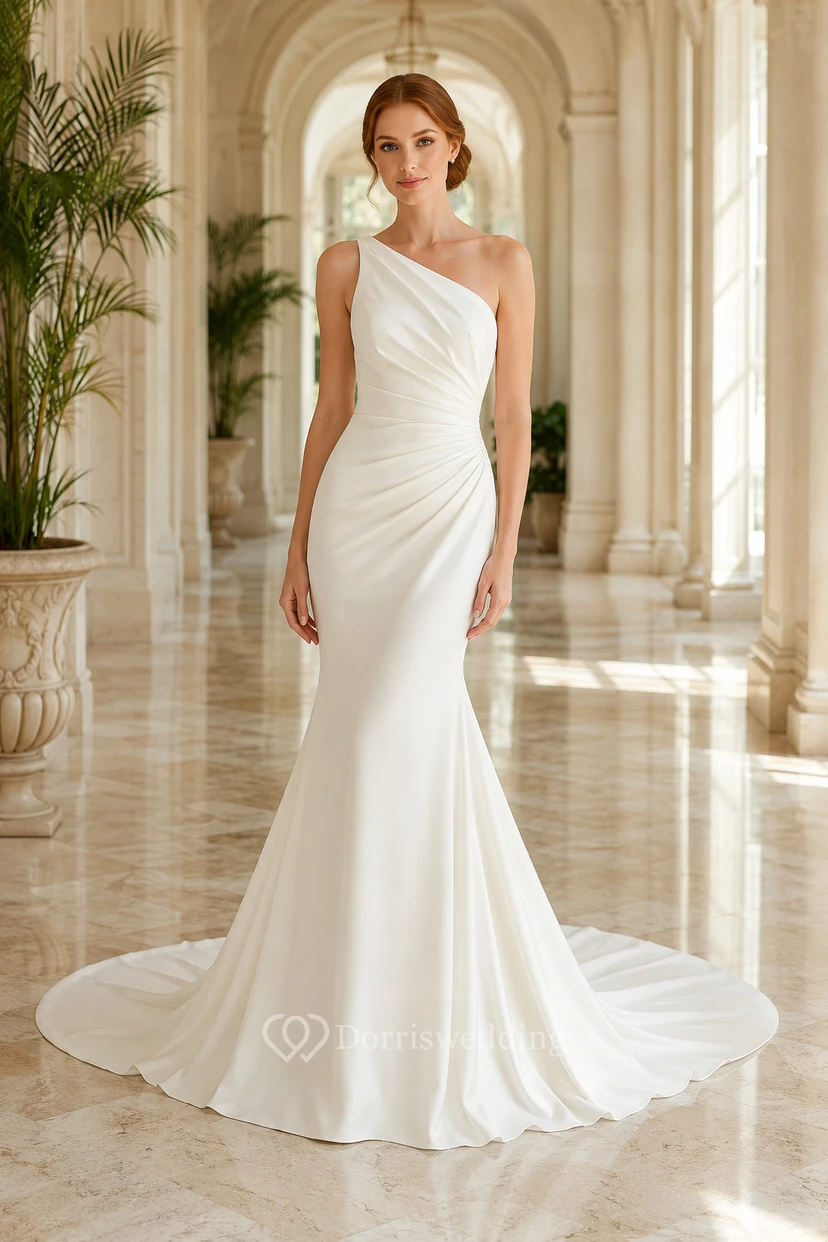 Satin Wedding Dress Mermaid One Shoulder Sleeveless Sweep Train Bridal Gown