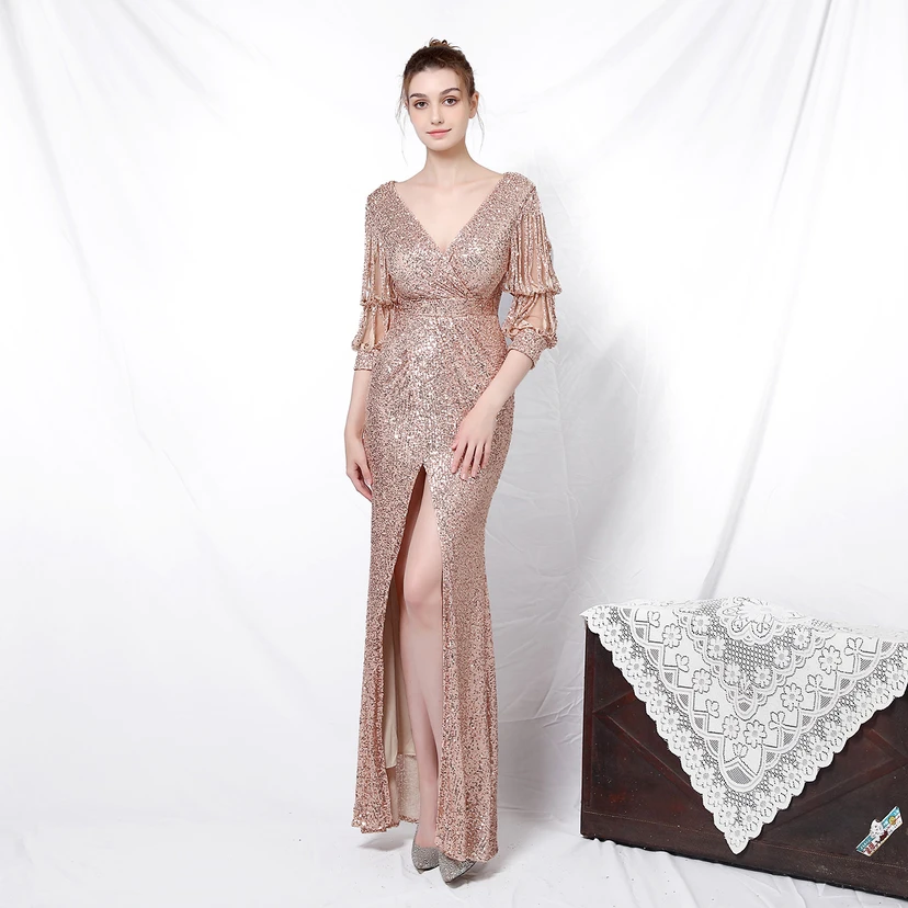 Elegantes, langärmeliges Paillettenkleid im Meerjungfrauenstil mit Meerjungfrauenschnitt – perfekt für festliche Anlässe. view 30