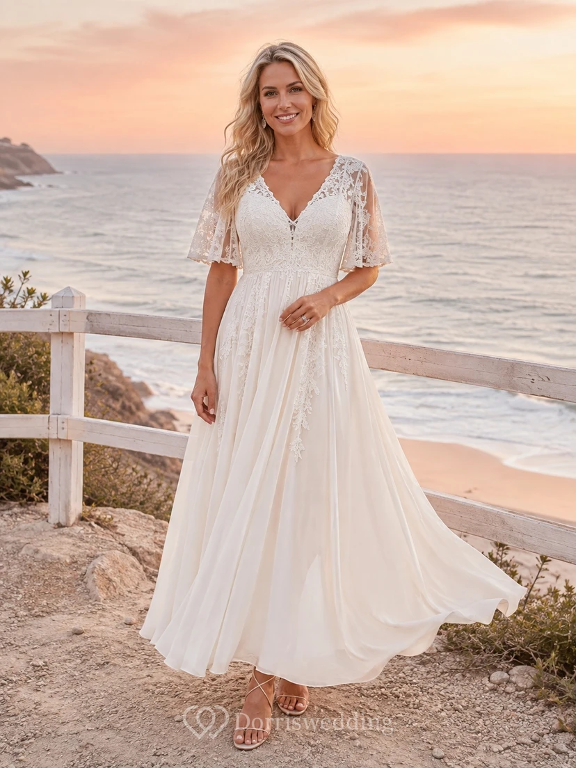 Lässiges Strand-Hochzeitskleid aus Chiffon mit V-Ausschnitt, halben Ärmeln und A-Linien-Schnitt, bodenlang
