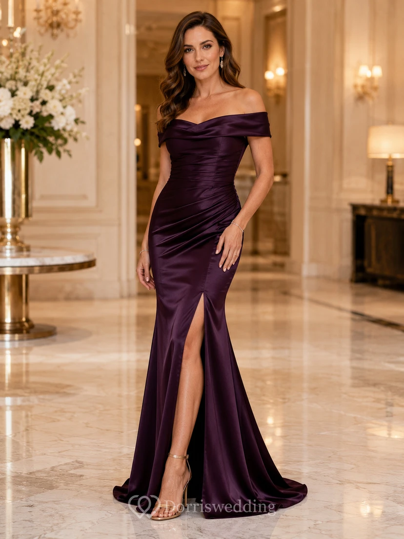 Plum Off-Shoulder Satin Mermaid Split Front Floor Wedding Guest Gown